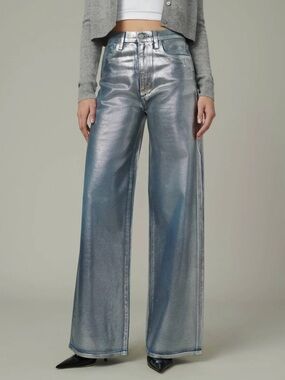 Joe's Jeans Painted Silver Foil Metallic Mia High Rise Wide Leg Jeans